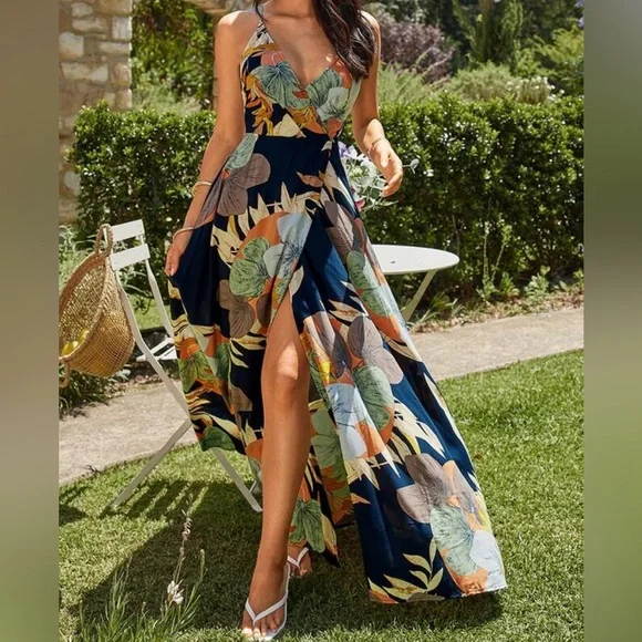 Tropical Print Navy Open Back Thigh Slit Maxi Dress Size Large - Picture 2 of 8